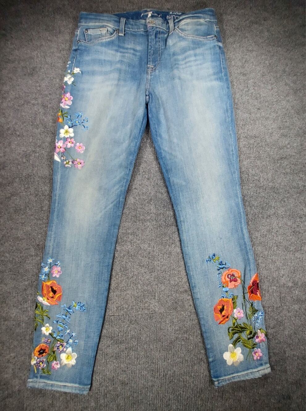 7 For All Mankind The Ankle Skinny Embroidered Jeans Light Riviera Sz 29